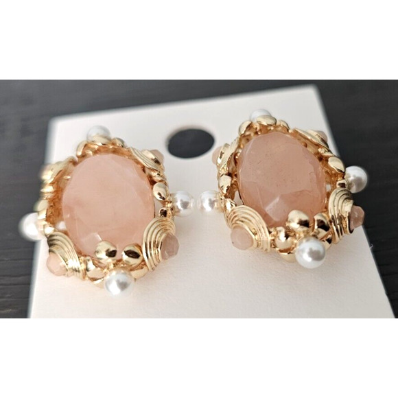 Express Pearl Embellished Stone Oval Stud Earrings Pink White Gold - Picture 5 of 9